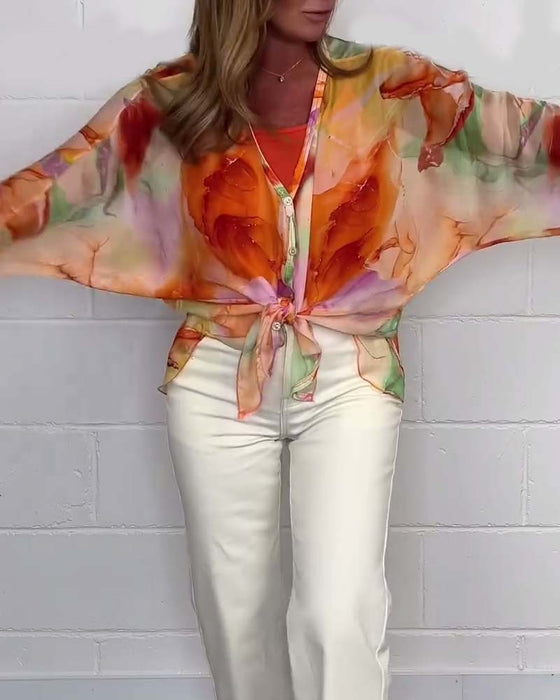 Bluzka z długim rękawem i dekoltem w kształcie litery V z nadrukiem w stylu casual