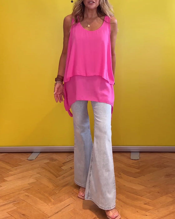 Dwuwarstwowa bluzka bez rękawów w jednolitym kolorze