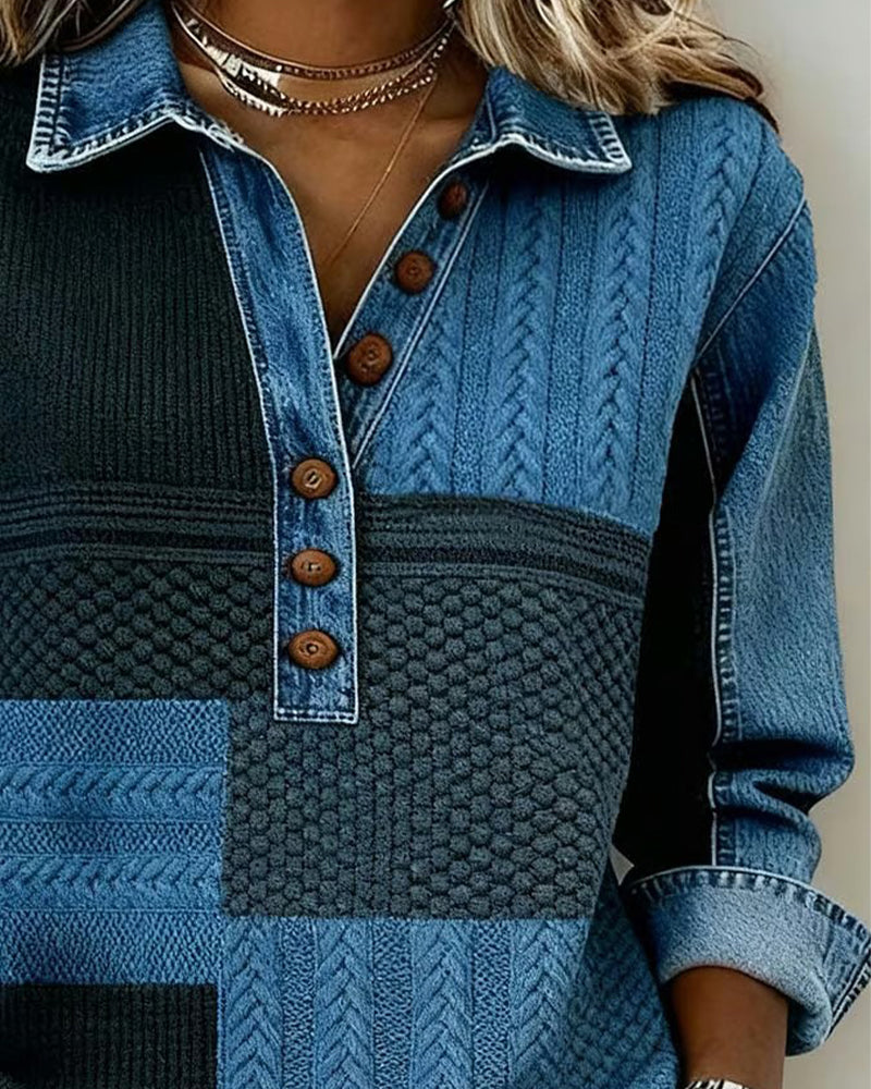 Nadrukowany Sweter Dresowy Z Długimi Rękawami I Kołnierzem Button-Down