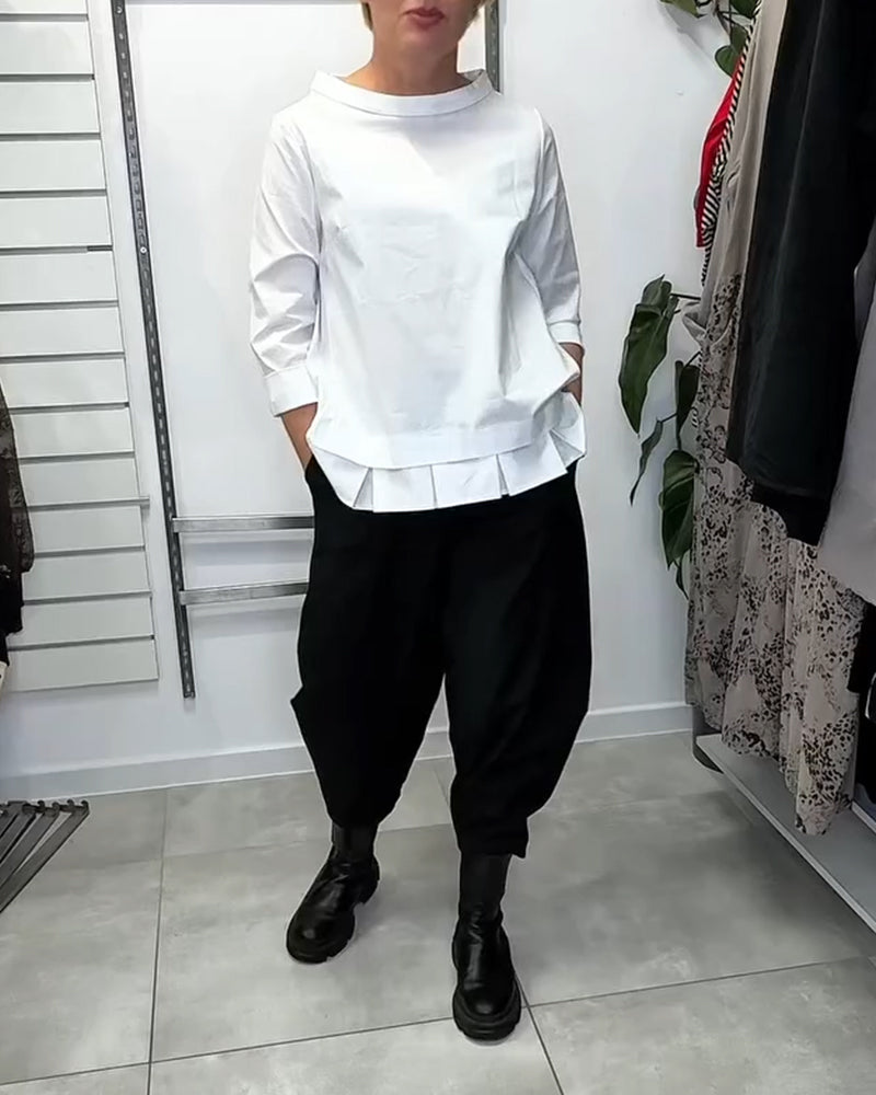 Bluzka Szeroki Kołnierz Jednolity Kolor Casual