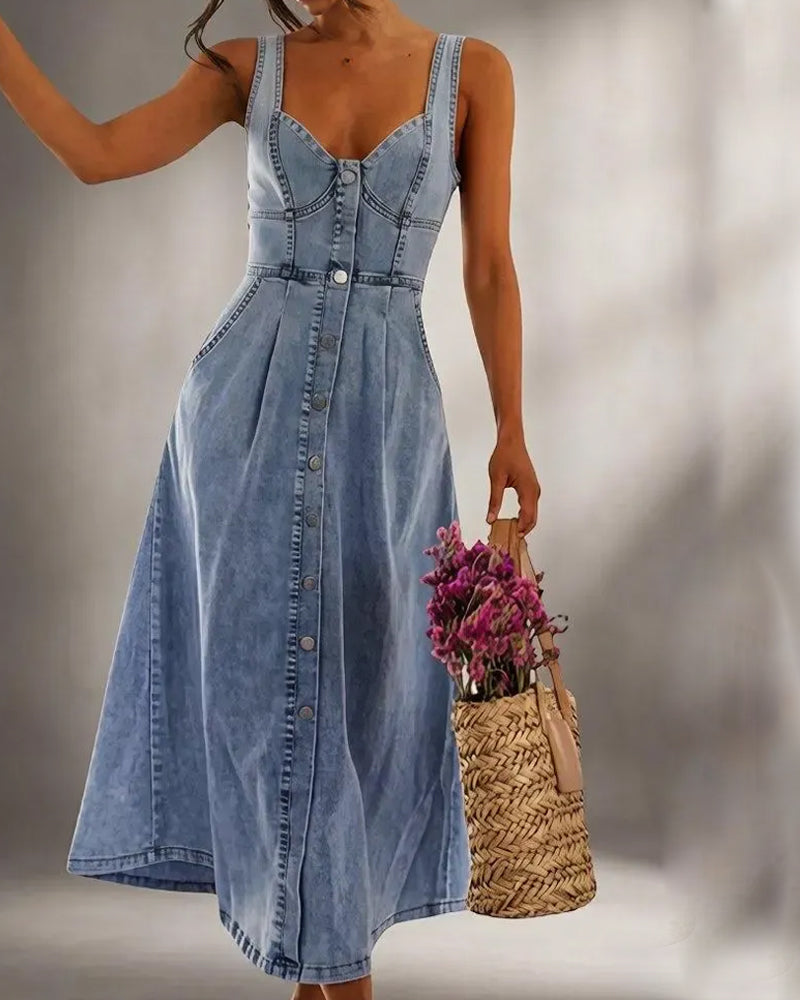 Sukienka Spaghetti Ramiączko Guzik Talia Wcięta Denim