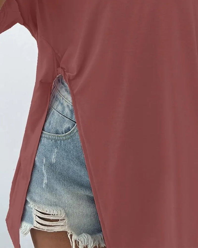 T-Shirt Okrągły Dekolt Rozcięty Krótki Rękaw
