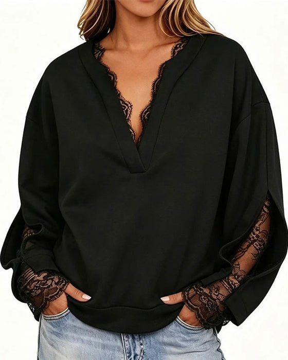 Sweatshirt Dekolt W Rozcięcie Koronka Patchwork