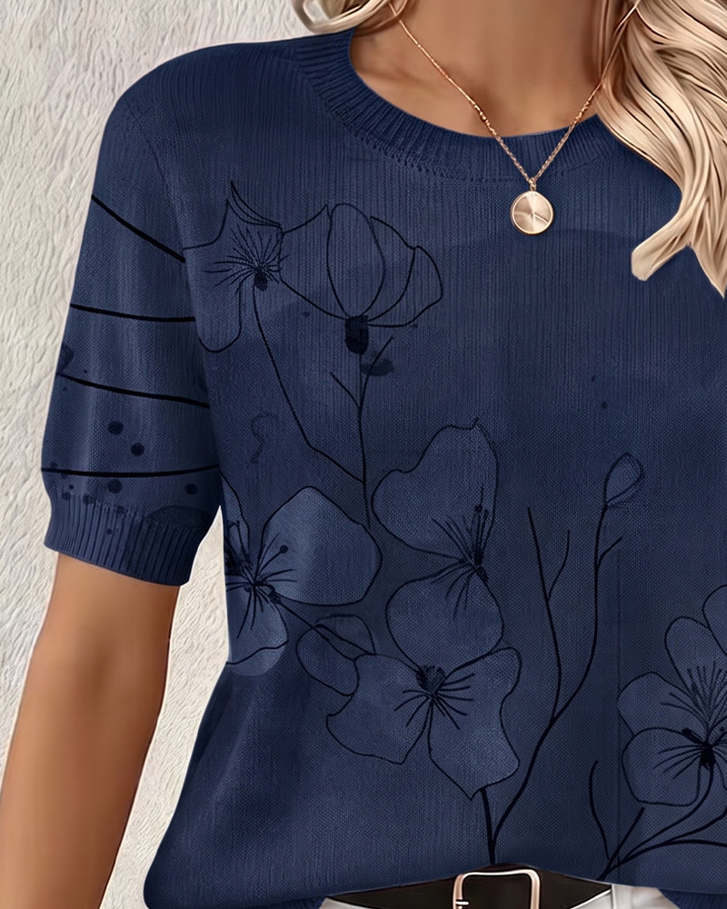 Sweter Drukowany Krótki Rękaw Okrągły Dekolt Pulower