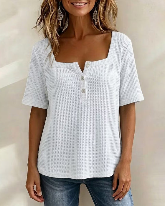 T-Shirt Kwadratowa Szyja Guzik Wafel