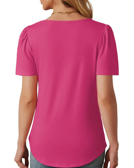 T-Shirt Plisowany Luźny Okrągły Dekolt Krótki Rękaw