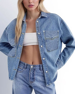 Koszula Klapa Guzik Długi Rękaw Denim