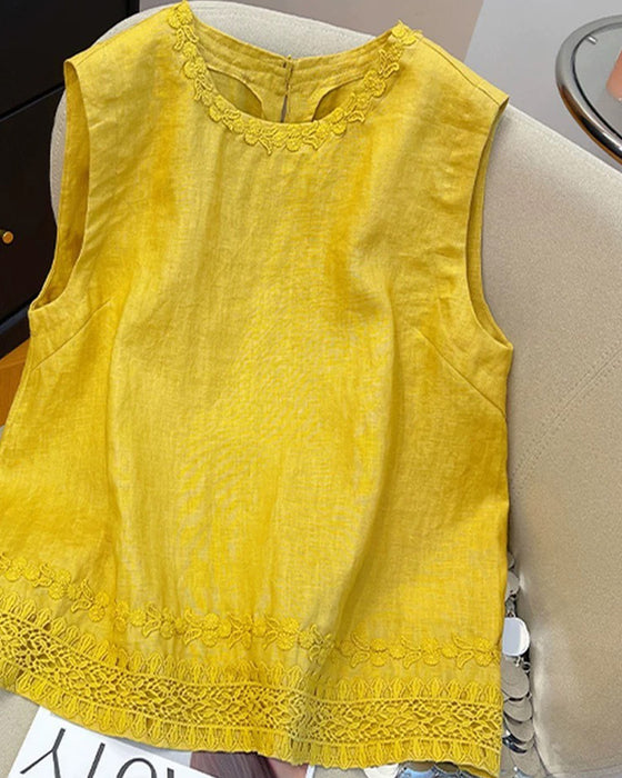 Tank Top Okrągły Dekolt Haftowana Lamówka