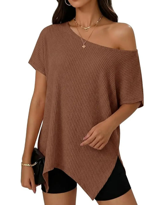 T-Shirt Nieregularny Off-Shoulder Krótki Rękaw Żebrowany