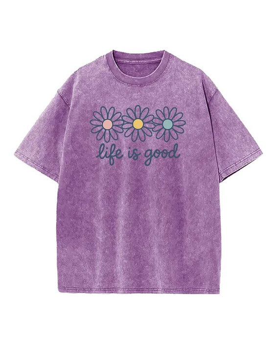 T-Shirt Nadruk Stokrotki Swobodny Postarzany