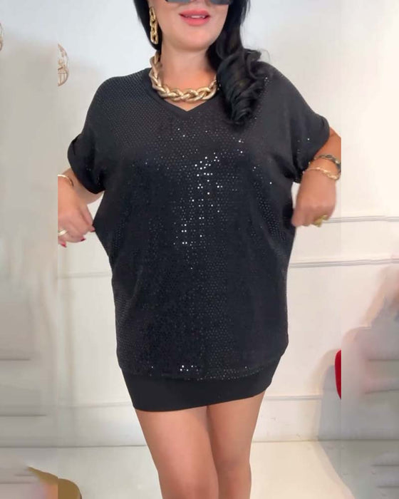 Bluzka Dekolt w Serek Z Cekinami Elegancka