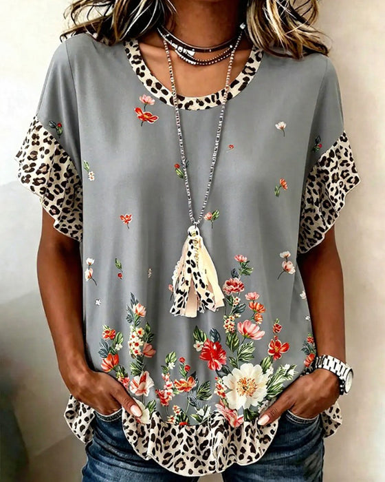 T-Shirt Lampart Patchwork Kwiatowy Wzór