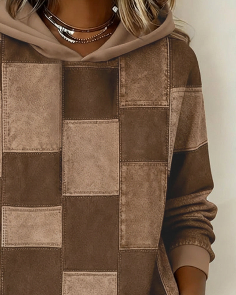Stylowa Kraciasta Bluza Z Kapturem Z Długim Rękawem