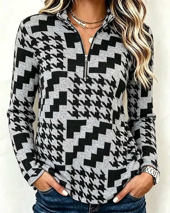 Top Pepitka Half-Zip Stójka Długi Rękaw