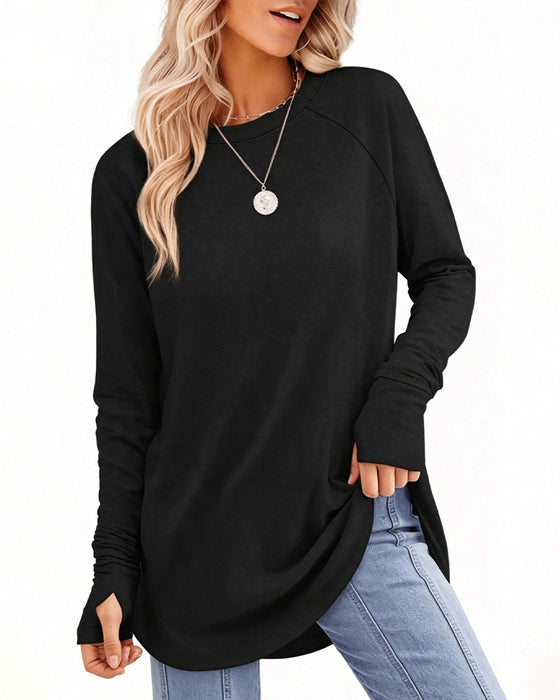 Top Luźny Okrągły Dekolt Raglan Długi Rękaw