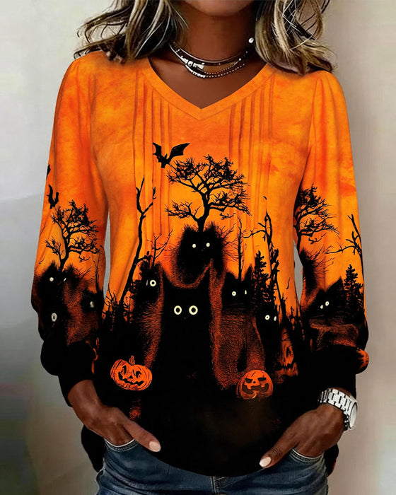 Top V-Dekolt Marszczony Halloween Długi Rękaw