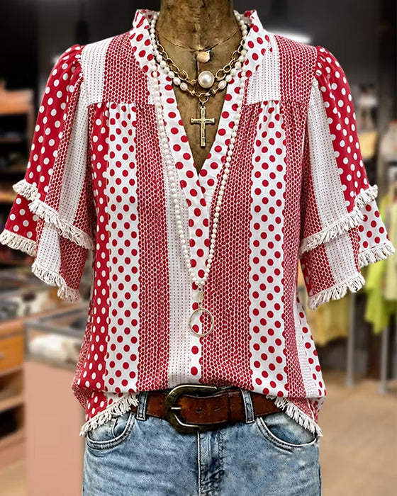 Bluzka Dekolt W Grochy Frędzle Patchwork