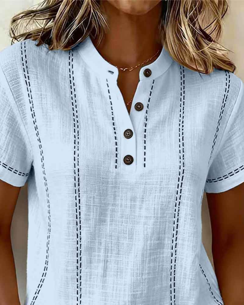 T-Shirt Moda Swobodny Guzik V-Dekolt