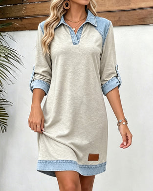 Sukienka Denim Patchwork Kołnierz Polo Długi Rękaw