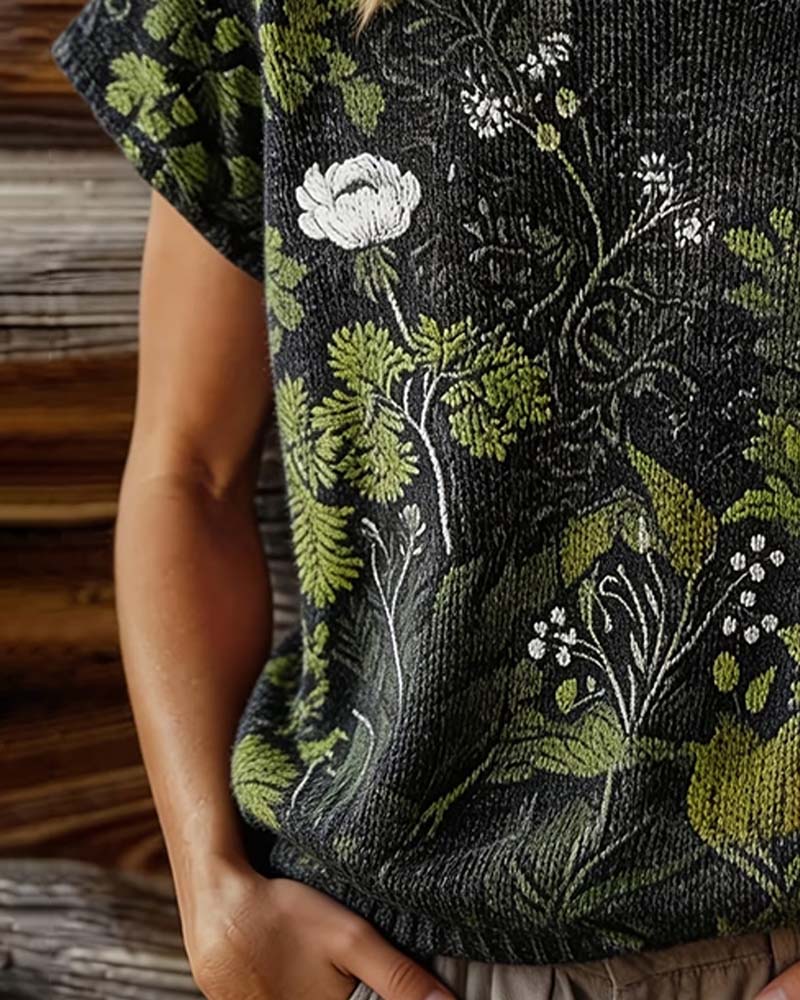 T-Shirt Okrągły Dekolt Dzianina Druk Krótki