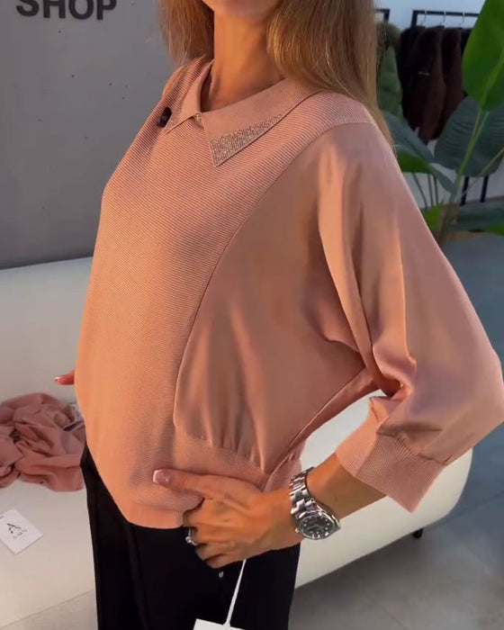 Pullover Klapa Długość Do Łokcia Rękaw Dzianinowy Eleganck