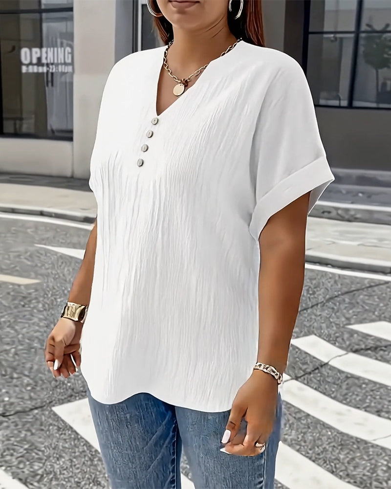 100% Bawełna  T-Shirt V-Dekolt Luźny Teksturowany