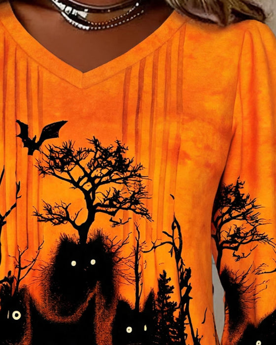 Top V-Dekolt Marszczony Halloween Długi Rękaw