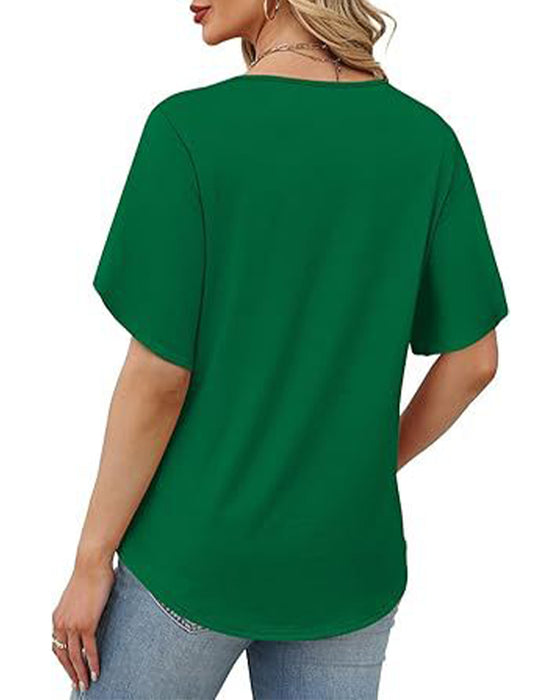 T-Shirt Dekolt W Kształcie Litery V Małe Rozcięcie Krótki Rękaw Jednokolorowy