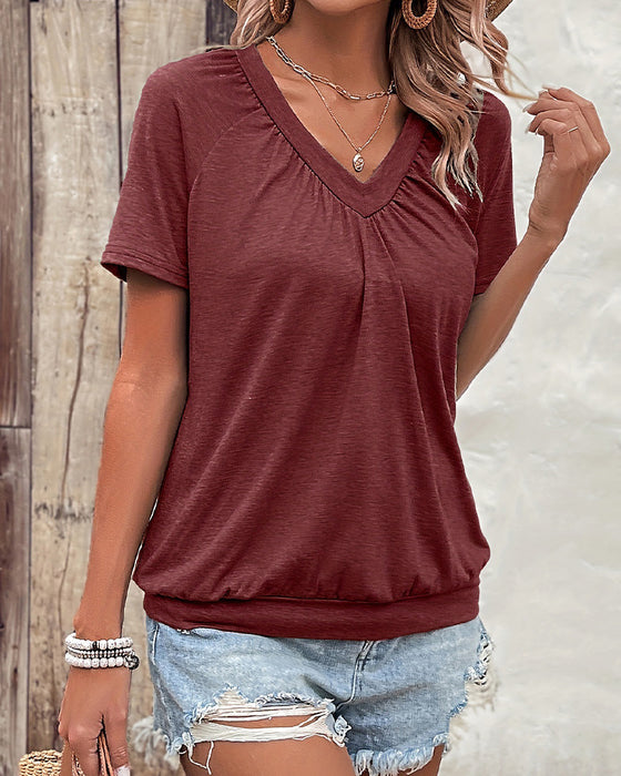 T-Shirt Casual Plisowany Dekolt W Serek