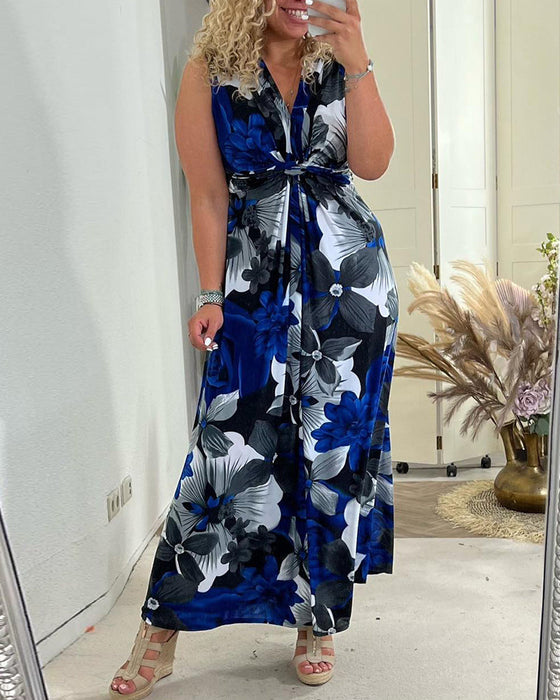 Elegancka plisowana sukienka bez rękawów w kwiatowy wzór