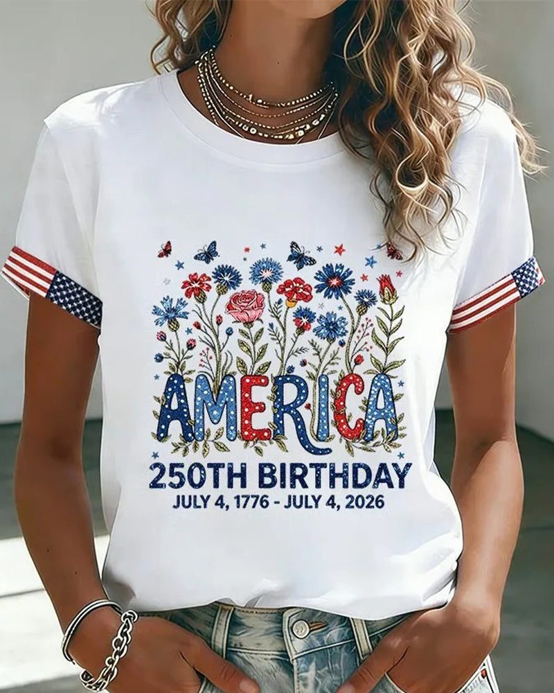 T-Shirt Okrągły Dekolt Litera Kolorowy Kwiatowy Druk