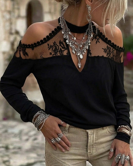T-Shirt V-Szyjka Koronka Patchwork Off-Shoulder