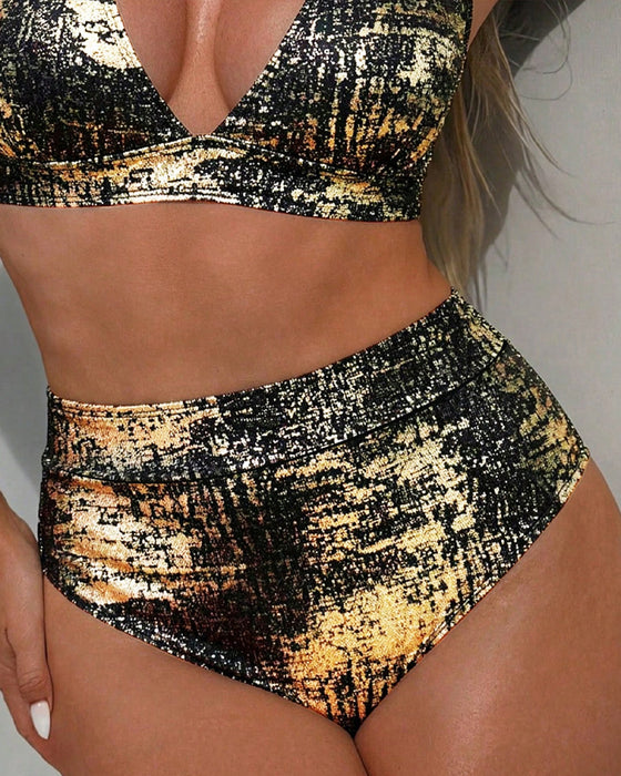 Bikini Złoty Błyszczący Wysoki Stan