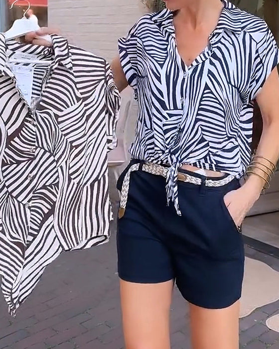 Bluzka Zebra Druk Klapa Krótki Rękaw