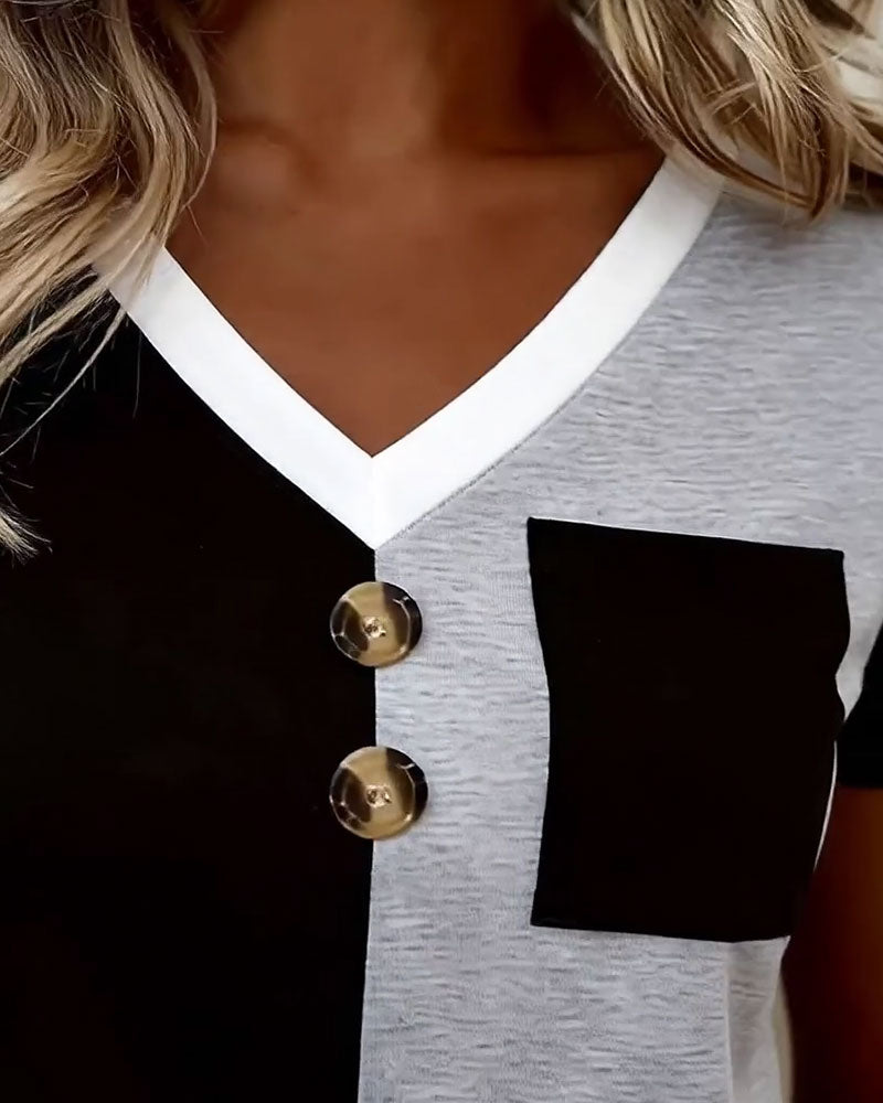 T-Shirt V-Dekolt Kontrast Kieszeń