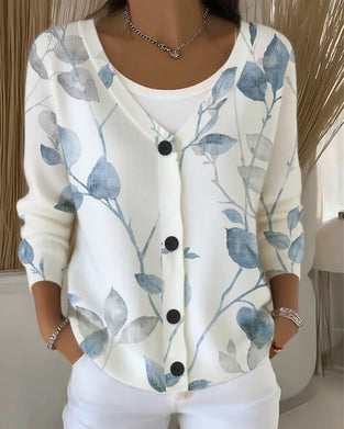 Sweter V-Szyja Guzik Liść Druk