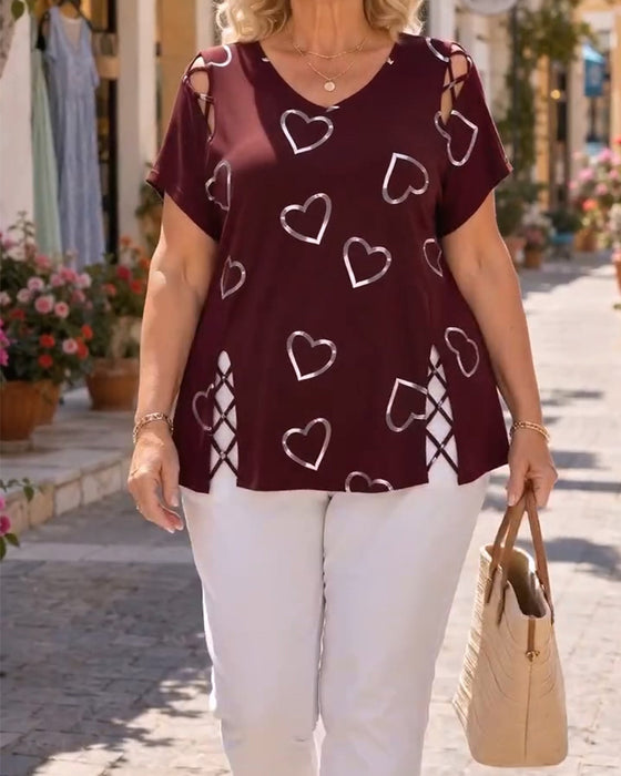 T-Shirt Wzór Serce Ażurowy Krótki Rękaw