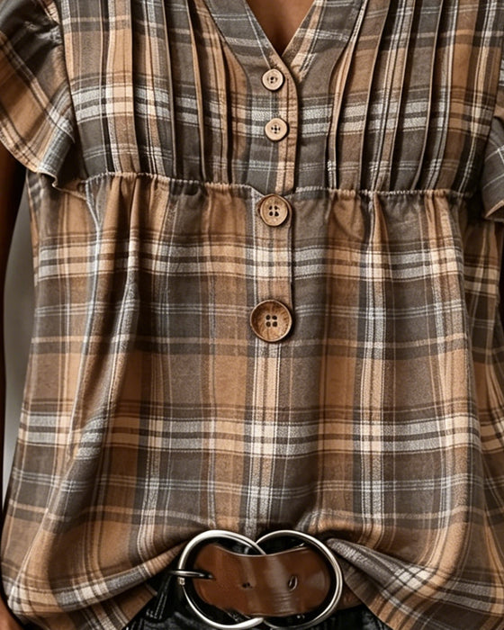 Bluzka Brązowa Gingham Trzepot Rękaw