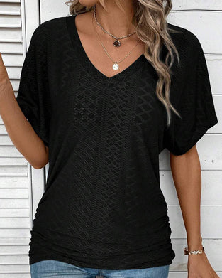 T-shirt Dekolt W Serek Jednokolorowy Casual