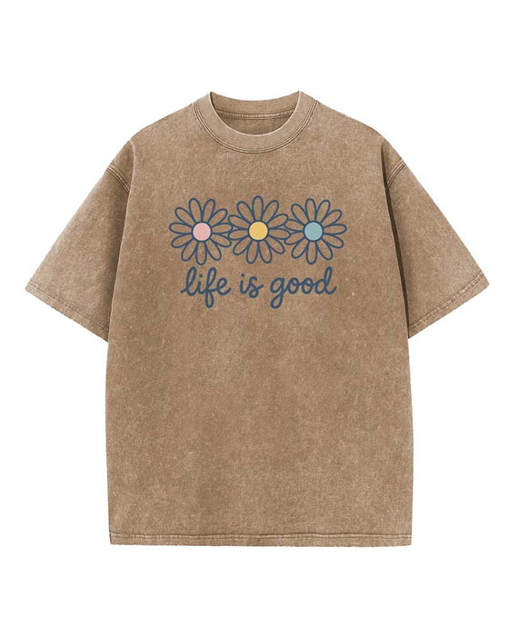 T-Shirt Nadruk Stokrotki Swobodny Postarzany