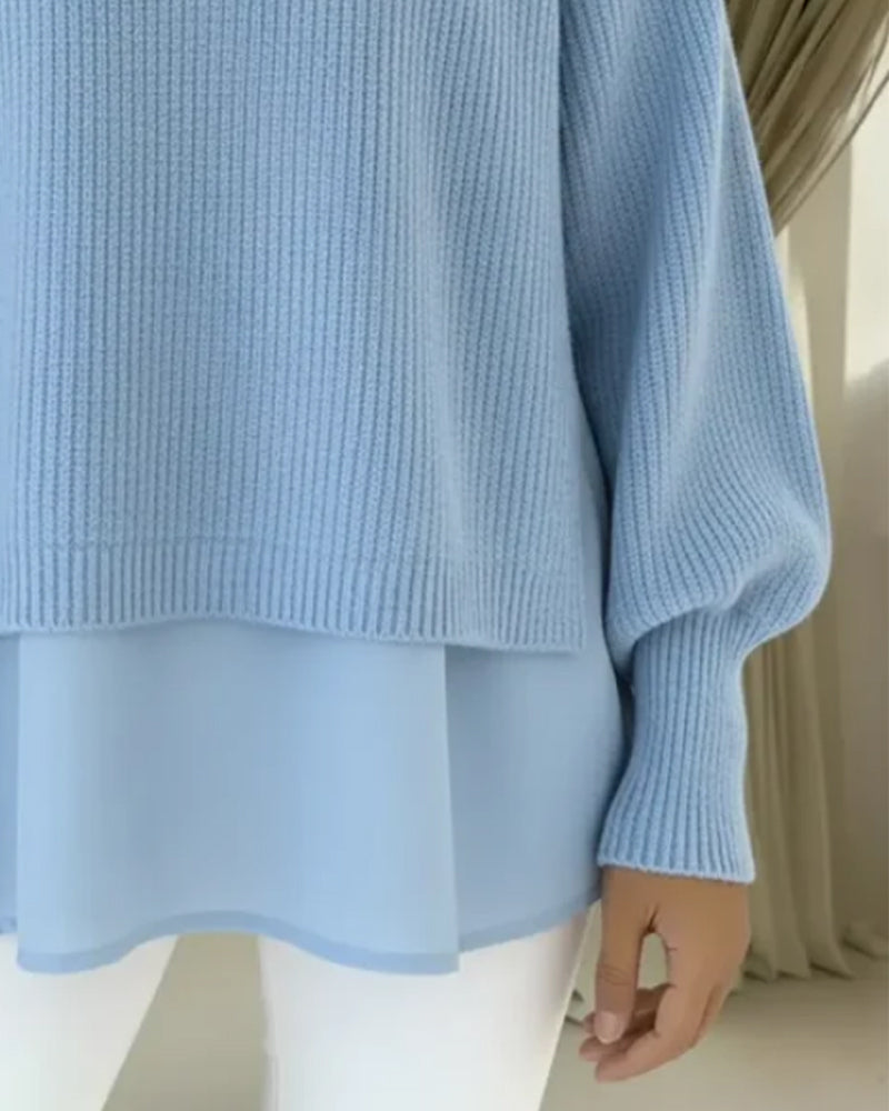 Luźny Sweter Z Patchworkiem W Jednolitym Kolorze