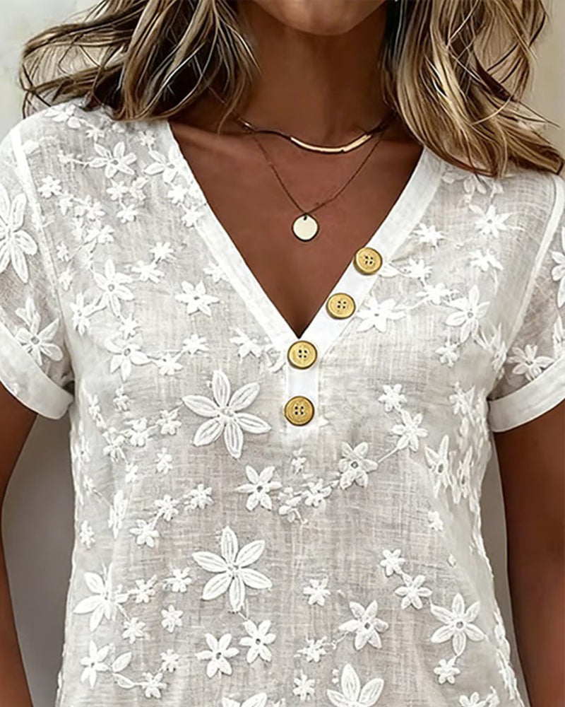 Bluzka Jednokolorowa 3d Kwiatowa Dekolt W Serek