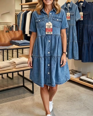 Sukienka Denim Falbanka Warstwowa Krótki Rękaw