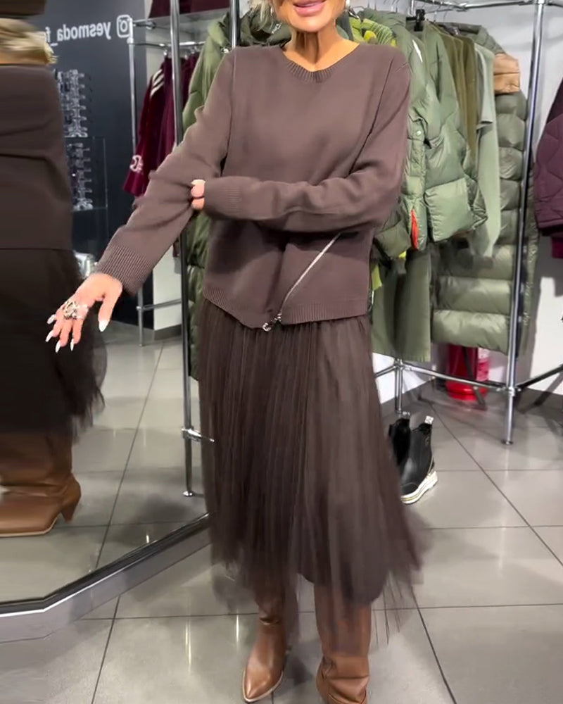 Stylowy Zestaw Z Bluzą O Okrągłym Dekolcie I Zamkiem