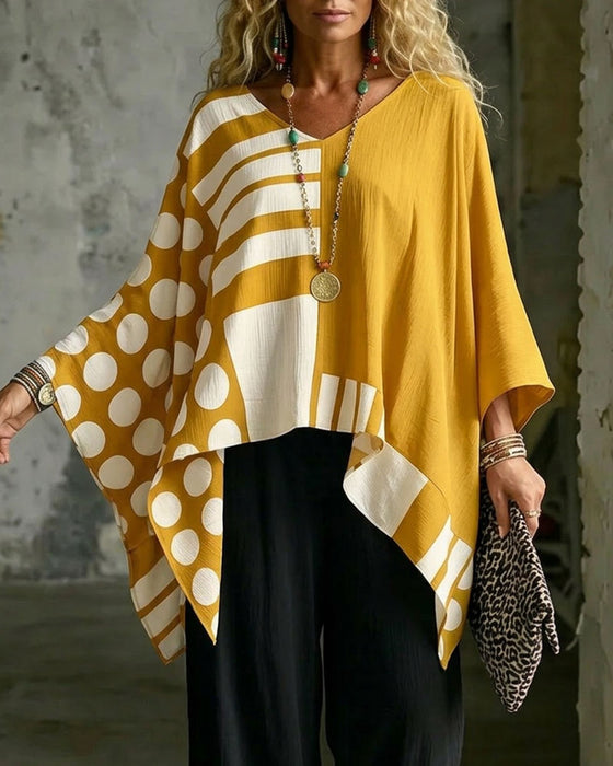 Bluzka Polka Dot Pasek Patchwork V Szyja