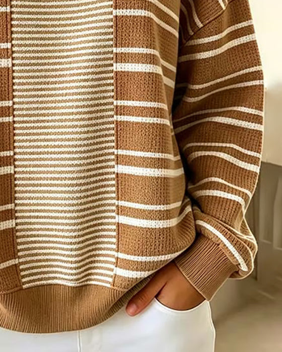 Sweatshirt W Paski Patchwork Długi Rękaw Henley