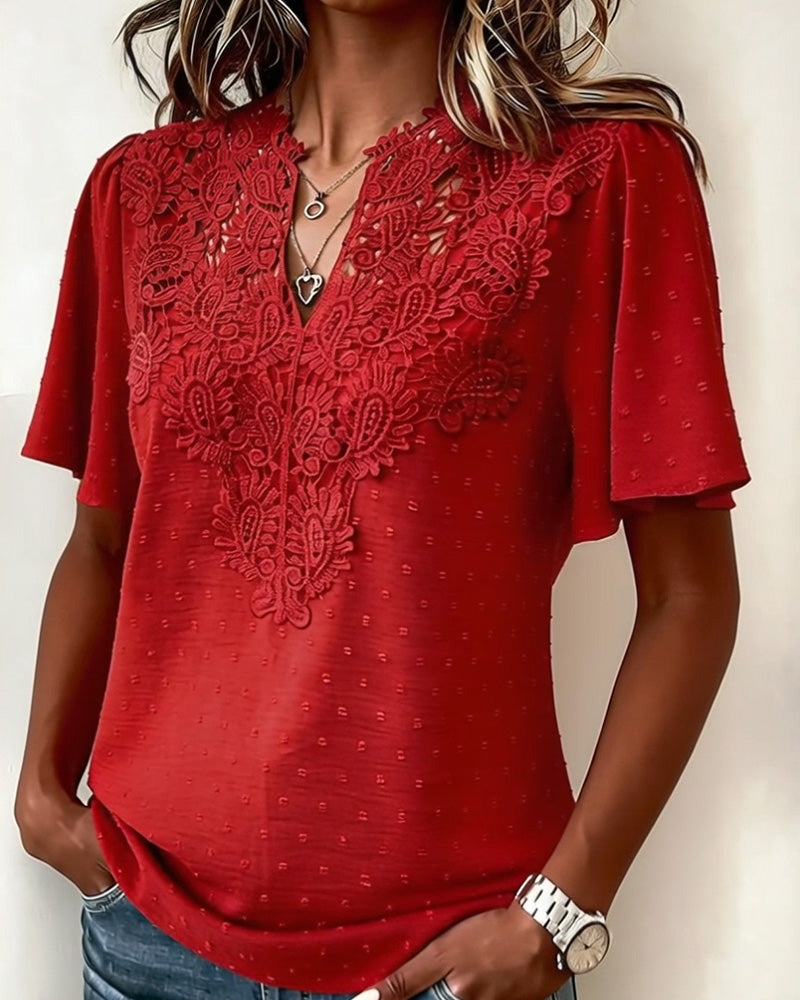 Bluzka Koronka Dekolt W Krótki Rękaw