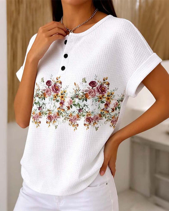 T-Shirt Okrągły Dekolt Guzik Wafel