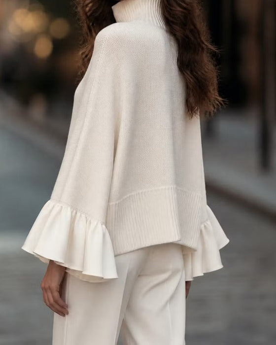 Sweter Golf Patchwork Falbana Rękaw