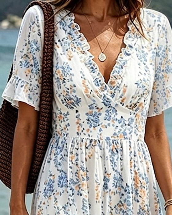 Sukienka Kwiatowy Ruffle V-Szyja Patchwork